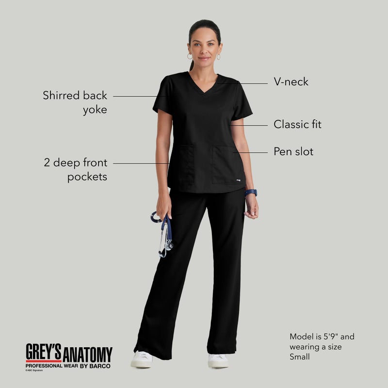 Barco Grey's Anatomy Women's Two Pocket V-Neck Scrub Top with Shirring Back, Black, Small - Image 4